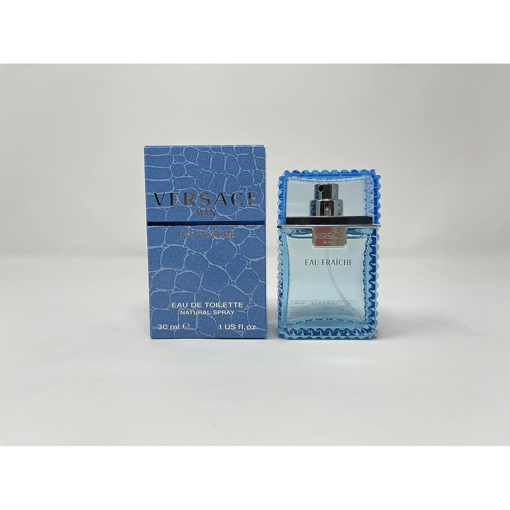 Versace Man Eau Fraiche Eau De Toilette 1 Ounce front view showing the blue textured box packaging