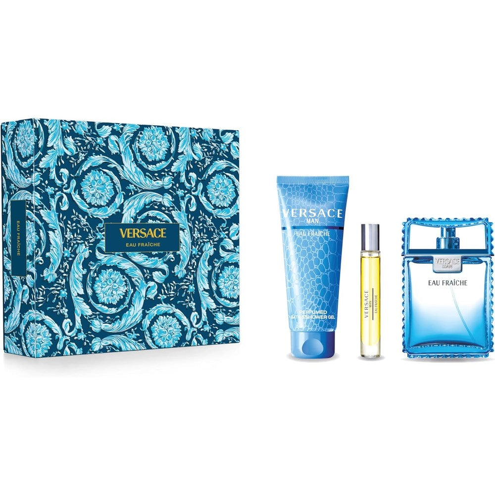 Versace Man Eau Fraiche 3 Piece Luxury Gift Set front view showcasing the premium blue baroque pattern box with the perfume bottle and shower gel