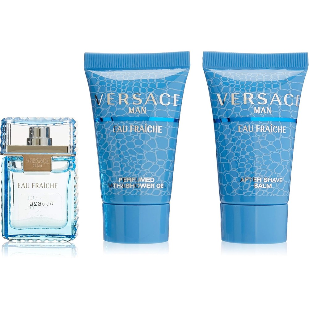 Versace Man Eau Fraiche 3 Piece Mini Set showing the boxed luxury packaging and grooming bottles from the front view.