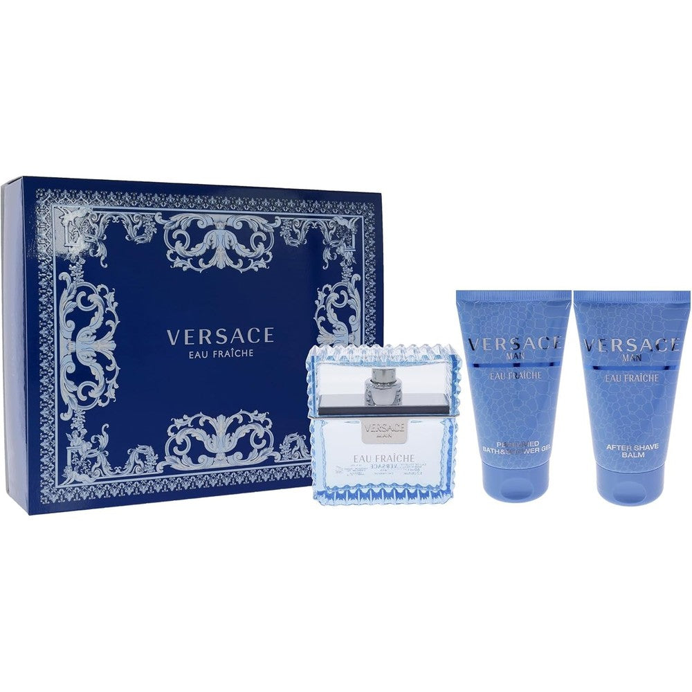 Versace Man Eau Fraiche Fragrance Set front view showcasing luxury blue geometric packaging and brand bottle