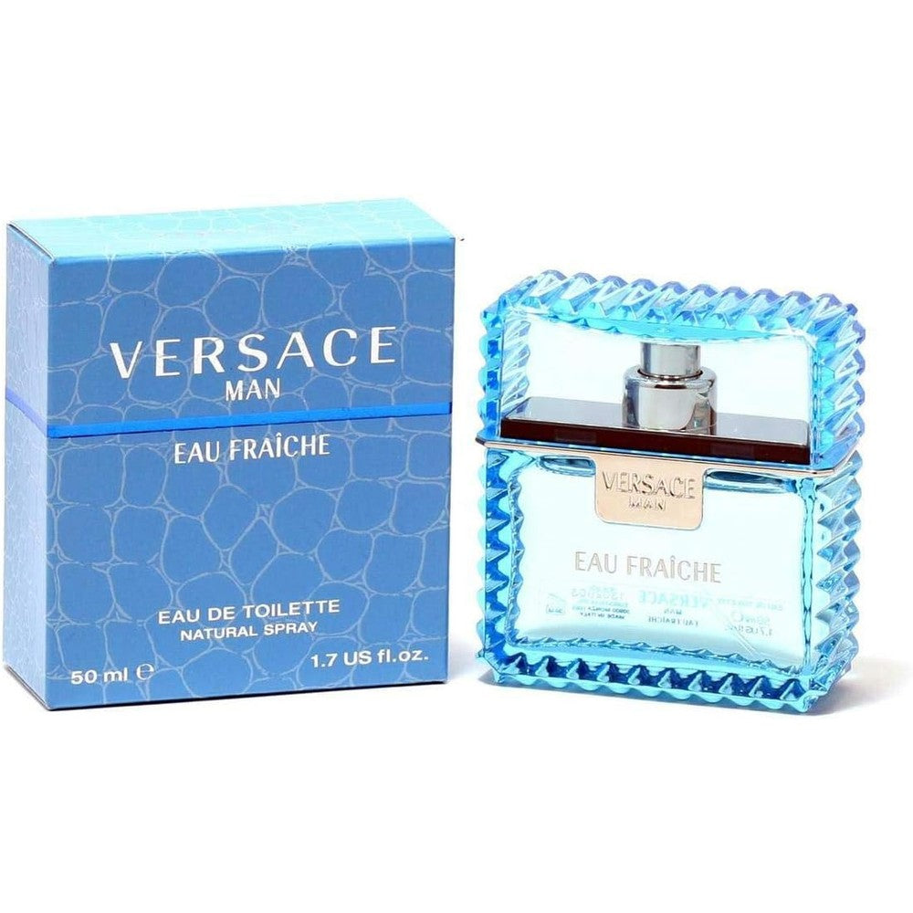 Versace Man Eau Fraiche Eau De Toilette Spray front view blue textured glass bottle