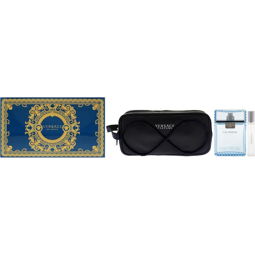 Versace Man Eau Fraiche 3 Piece Gift Set front view showcasing the iconic blue box with golden Baroque patterns.