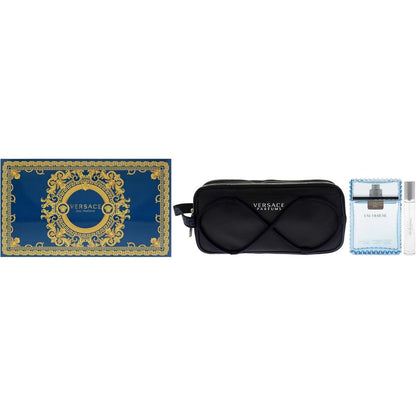 Versace Man Eau Fraiche 3 Piece Gift Set front view showcasing the iconic blue box with golden Baroque patterns.