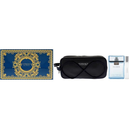 Versace Man Eau Fraiche 3 Piece Gift Set front view showcasing the iconic blue box with golden Baroque patterns.