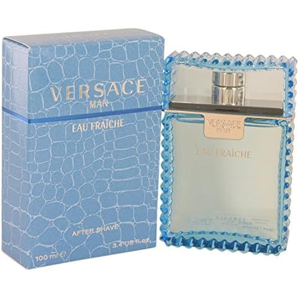 Versace Man Eau Fraiche After Shave Pour 3.4 Ounce front view bottle and packaging blue textured design luxury men grooming fragrance