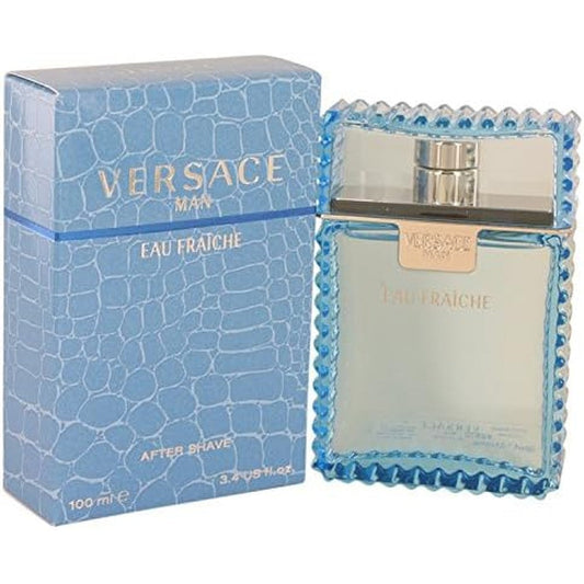 Versace Man Eau Fraiche After Shave Pour 3.4 Ounce front view bottle and packaging blue textured design luxury men grooming fragrance