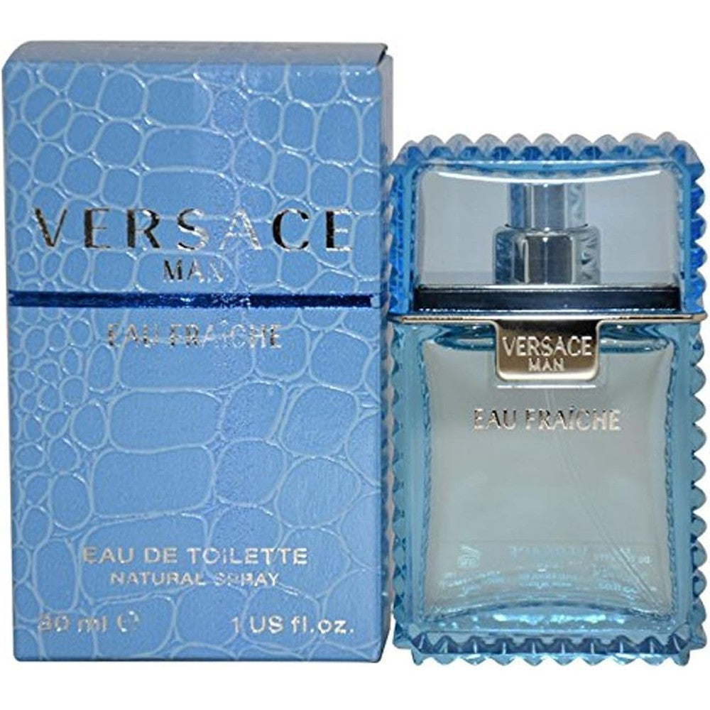 Versace Man Eau Fraiche Eau De Toilette Spray for Men One Ounce front view bottle showing textured blue glass design.
