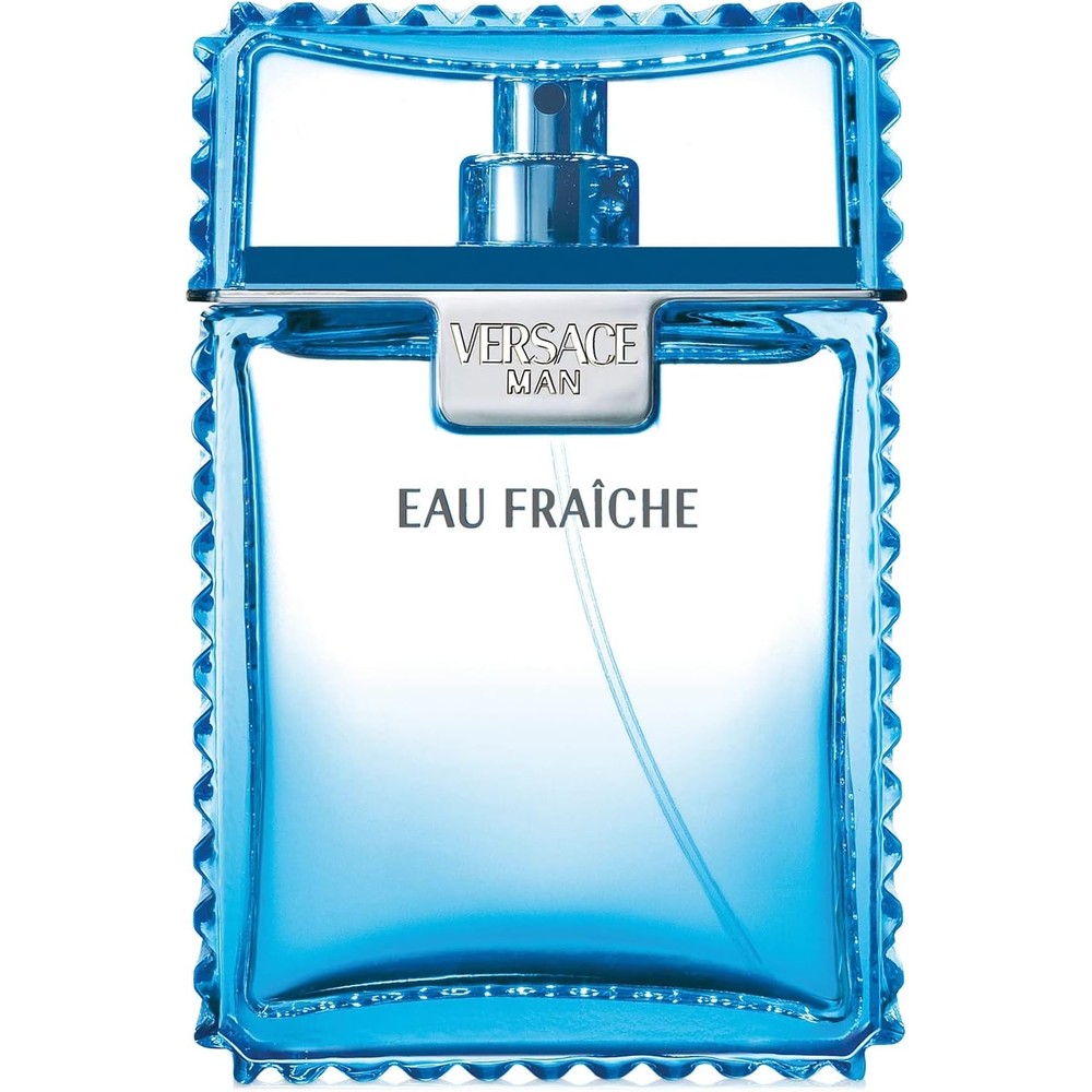 Versace Man Eau Fraiche Eau de Toilette spray bottle front view showcasing the textured light blue glass.