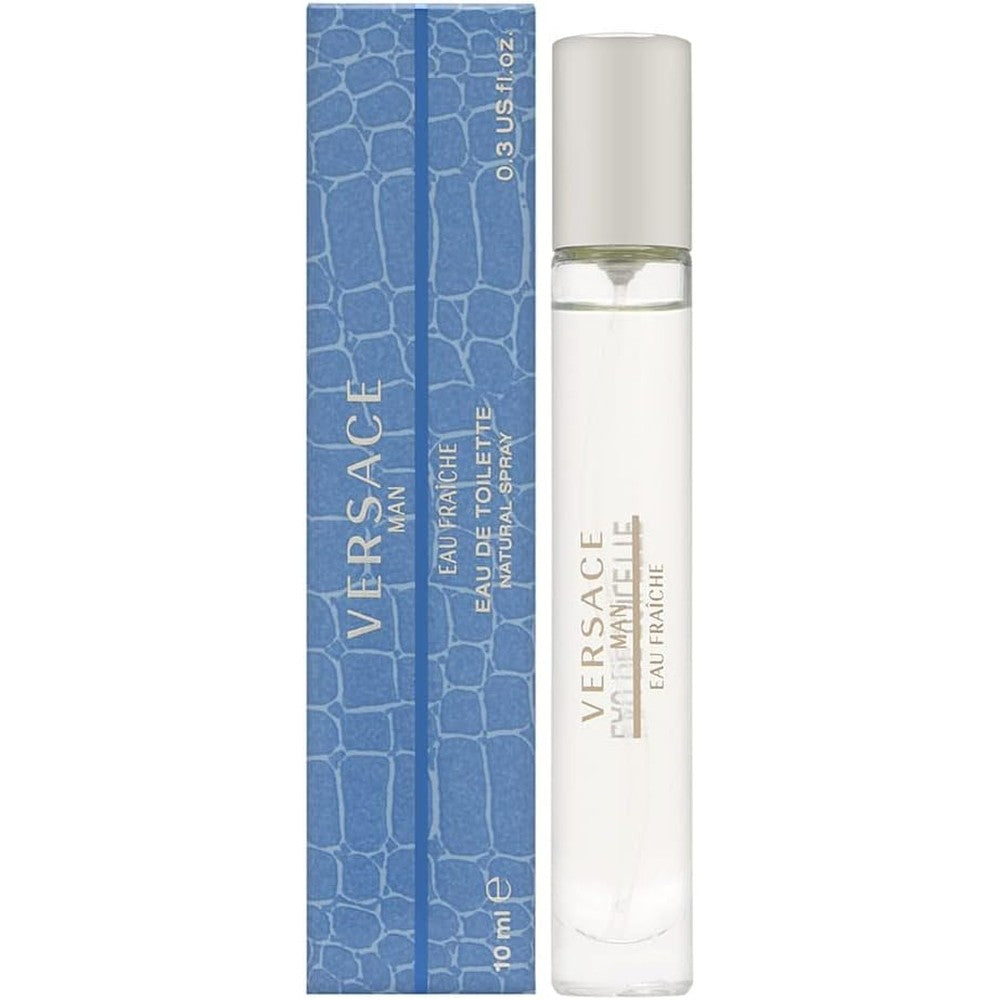 Gianni Versace Man Eau Fraiche Travel Spray ten milliliter bottle and blue crocodile pattern box front view