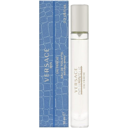 Gianni Versace Man Eau Fraiche Travel Spray ten milliliter bottle and blue crocodile pattern box front view