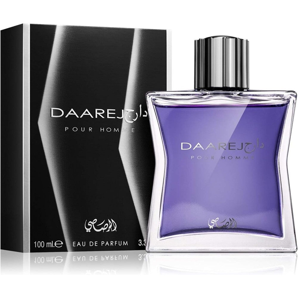 Rasasi Dareej Pour Homme Eau de Parfum 100ml front view of square bottle containing purple fragrance with vertical striped cap