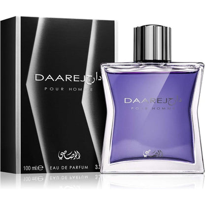 Rasasi Dareej Pour Homme Eau de Parfum 100ml front view of square bottle containing purple fragrance with vertical striped cap