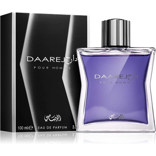 Rasasi Dareej Pour Homme Eau de Parfum 100ml front view of square bottle containing purple fragrance with vertical striped cap