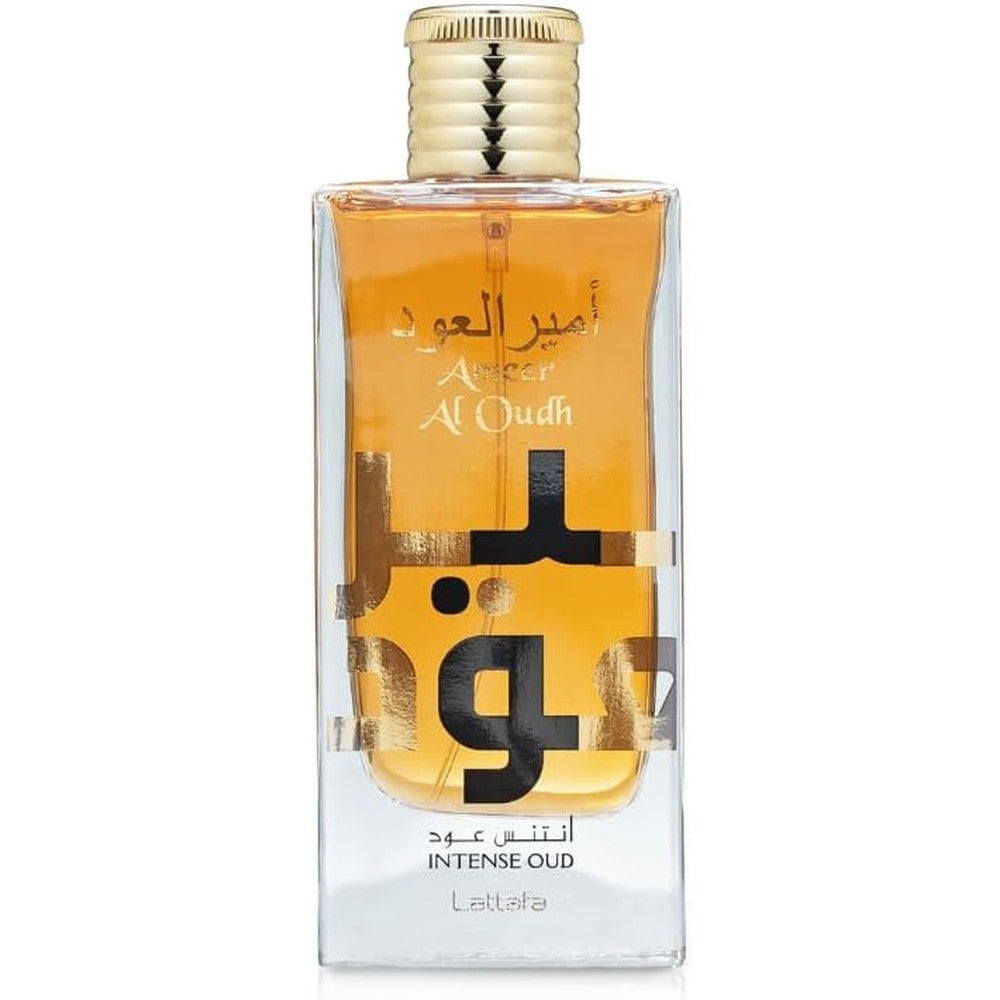 Lattafa Ameer Al Oudh Intense Oud Eau De Parfum 100ml front view bottle showing the golden liquid and elegant cap.