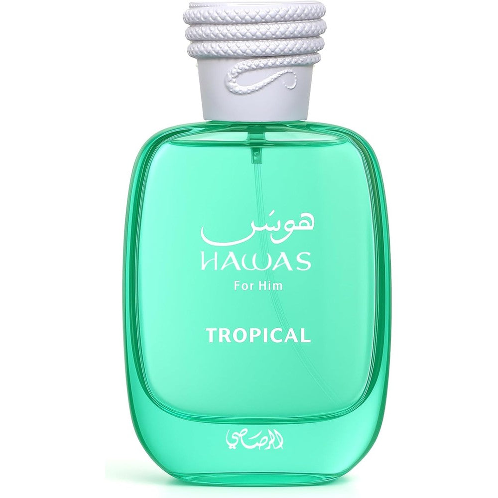 Rasasi Hawas Tropical Eau De Parfum Spray For Men in its distinct green bottle front view.