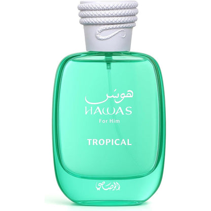 Rasasi Hawas Tropical Eau De Parfum Spray For Men in its distinct green bottle front view.