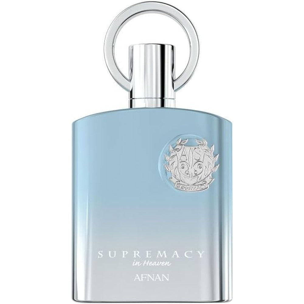 Afnan Supremacy In Heaven Eau De Parfum front view showcasing the blue gradient bottle and silver emblem.