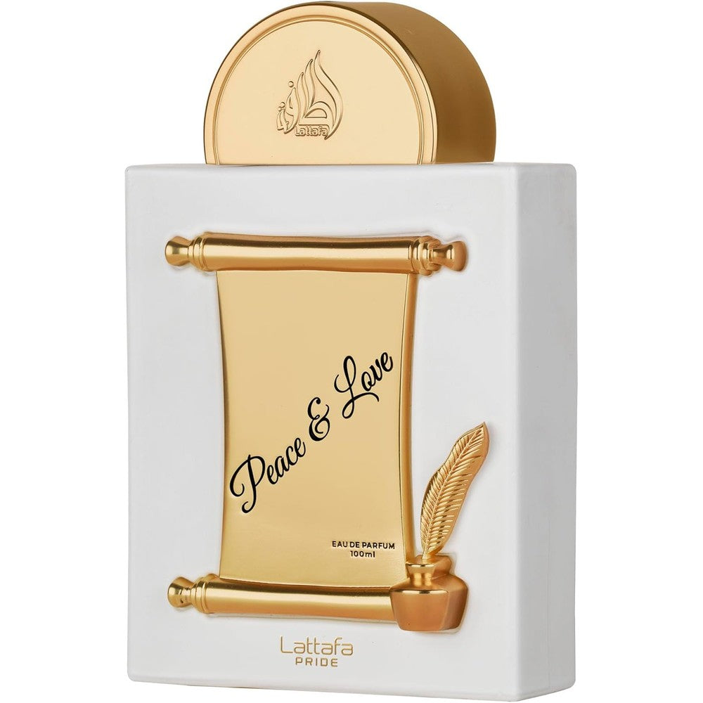 Lattafa Pride Peace and Love unisex Eau de Parfum spray 100 ml front view showcasing the unique white scroll shaped bottle design.