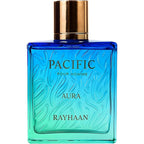 Rayhaan Pacific Aura Eau de Parfum front view bottle showing blue-to-teal gradient glass design