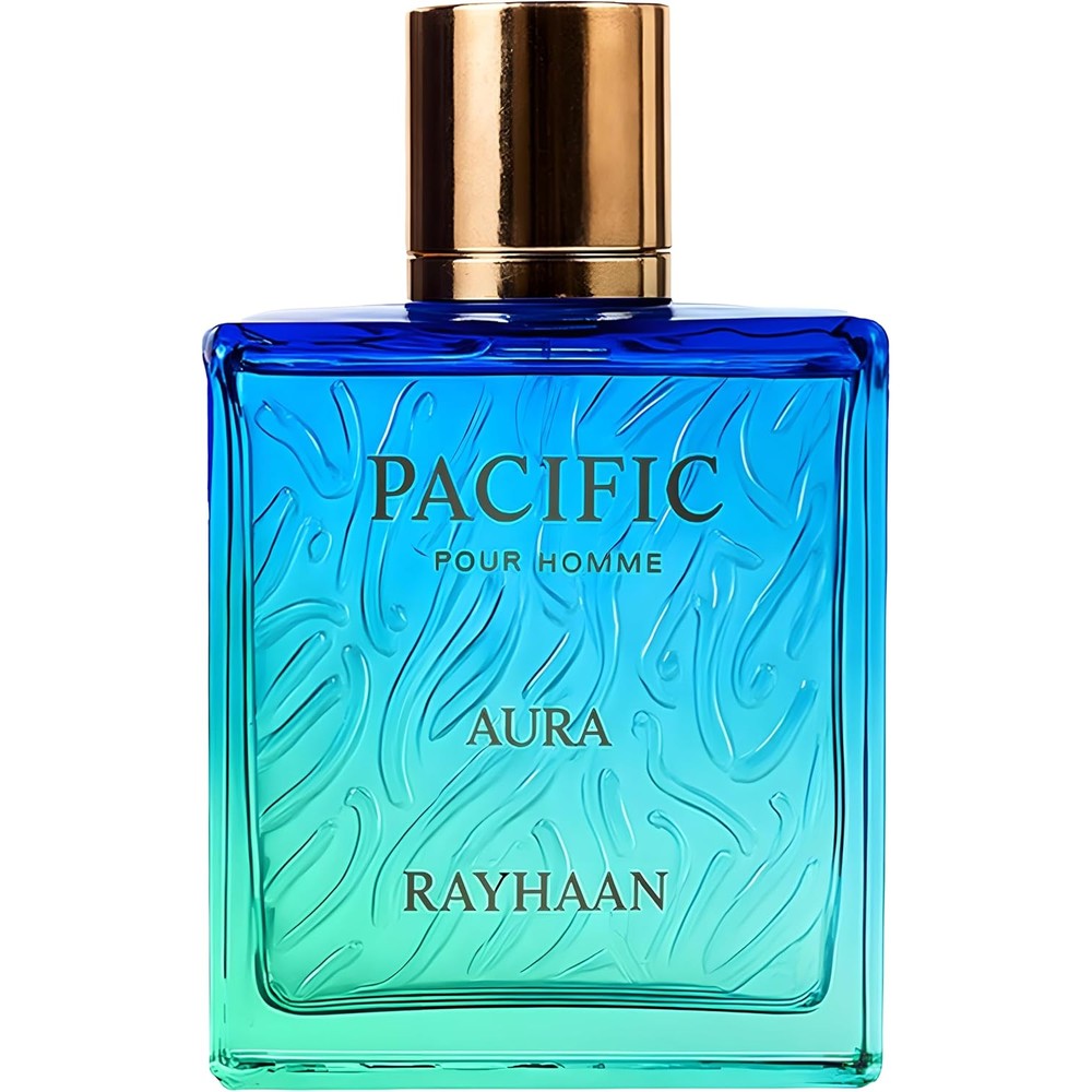 Rayhaan Pacific Aura Eau de Parfum front view bottle showing blue-to-teal gradient glass design