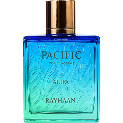 Rayhaan Pacific Aura Eau de Parfum front view bottle showing blue-to-teal gradient glass design