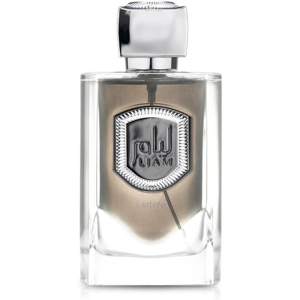 Lattafa Liam Grey Eau de Parfum Unisex 100ml front view bottle and elegant packaging