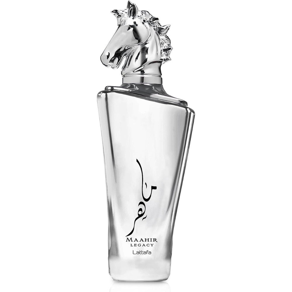 Lattafa Maahir Legacy Eau de Parfum 100 ml bottle with silver horse head cap front view