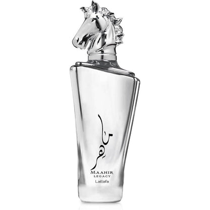 Lattafa Maahir Legacy Eau de Parfum 100 ml bottle with silver horse head cap front view