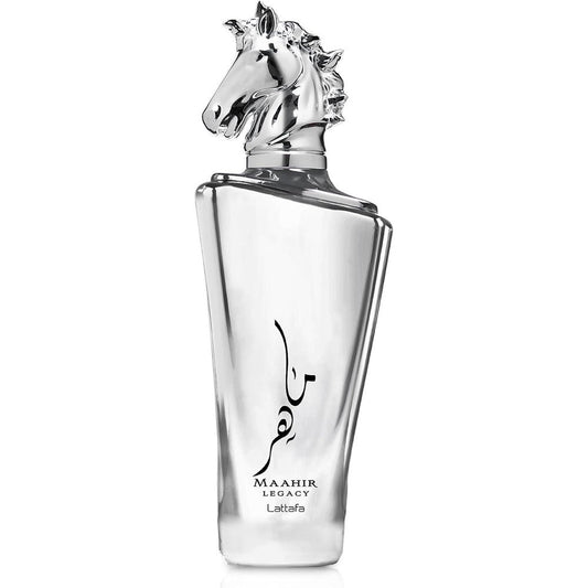 Lattafa Maahir Legacy Eau de Parfum 100 ml bottle with silver horse head cap front view