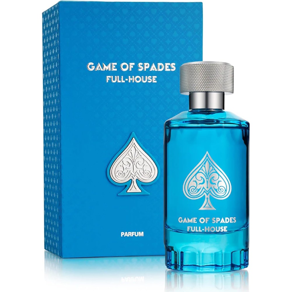 Jo Milano Game of Spades Full House perfume bottle front view showing blue glass and silver spade emblem.