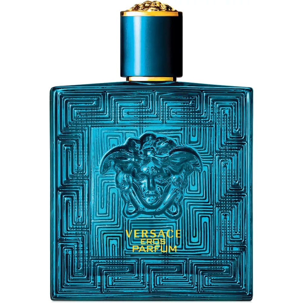 Versace Eros Pour Homme Parfum 100ml blue bottle front view showcasing the Medusa logo