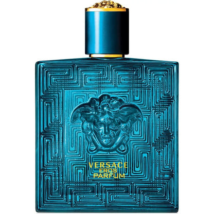 Versace Eros Pour Homme Parfum 100ml blue bottle front view showcasing the Medusa logo