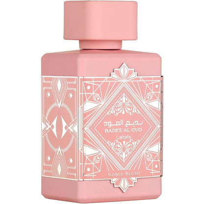 Lattafa Bade'e Al Oud Noble Blush Eau De Parfum 100 Millilitres front view pink bottle