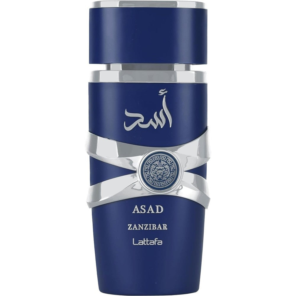 Lattafa Asad Zanzibar premium blue perfume bottle front view