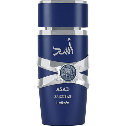 Lattafa Asad Zanzibar premium blue perfume bottle front view
