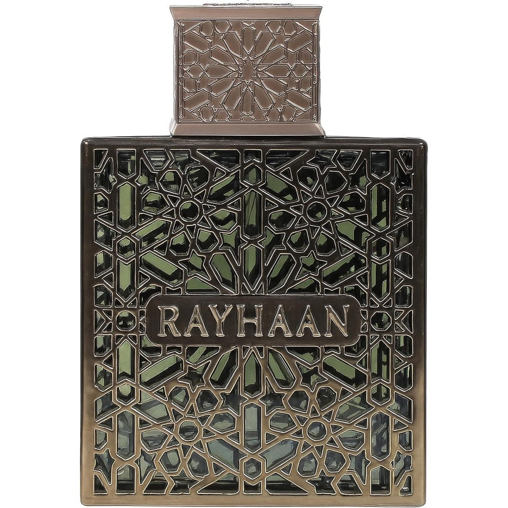 Rayhaan Terra Eau de Parfum 100 ml bottle front view showing intricate dark metallic cage design