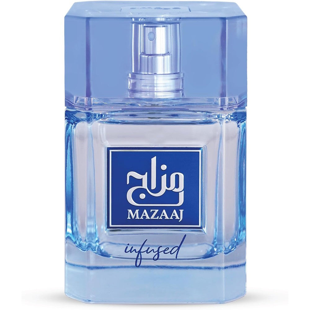 Zimaya Mazaaj Infused Eau De Parfum For Men front view bottle showing blue liquid and matching blue cap