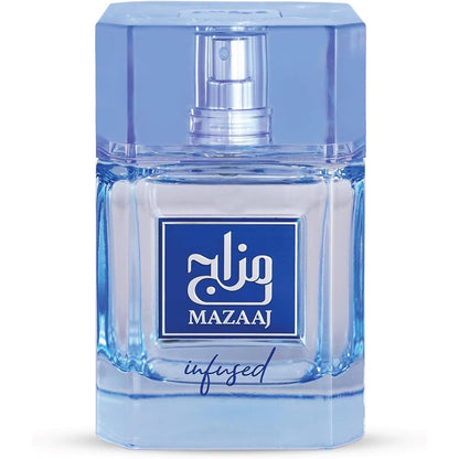 Zimaya Mazaaj Infused Eau De Parfum For Men front view bottle showing blue liquid and matching blue cap