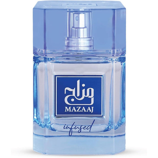 Zimaya Mazaaj Infused Eau De Parfum For Men front view bottle showing blue liquid and matching blue cap
