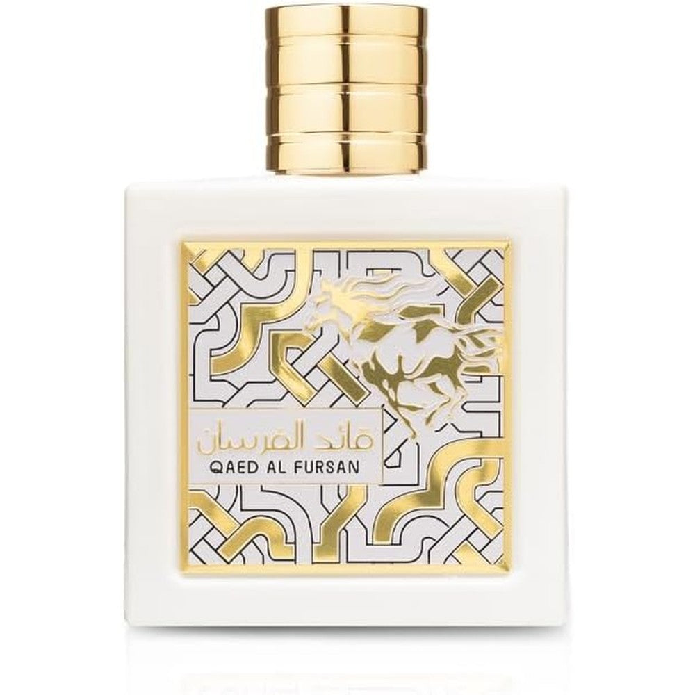 Lattafa Qaed Al Fursan Unlimited Eau de Parfum front view of sleek white bottle with luxury magnetic cap