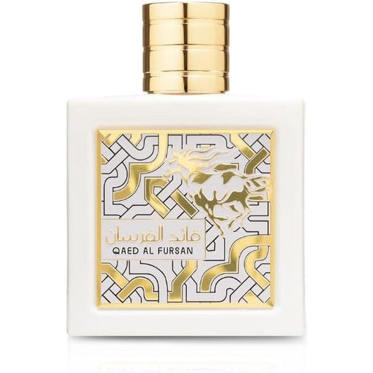 Lattafa Qaed Al Fursan Unlimited Eau de Parfum front view of sleek white bottle with luxury magnetic cap
