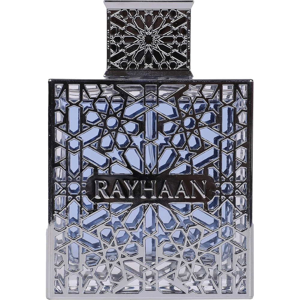 Rayhaan Aquatica Eau de Parfum for men front view showing intricate silver lattice design over blue liquid