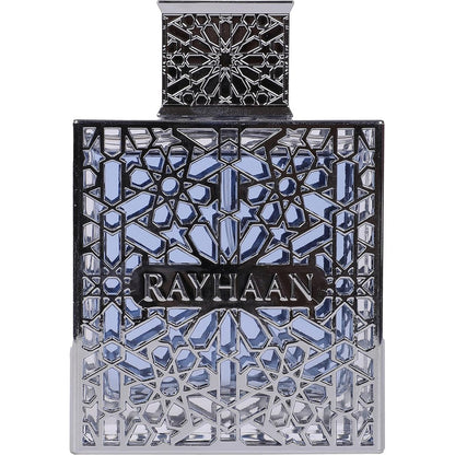 Rayhaan Aquatica Eau de Parfum for men front view showing intricate silver lattice design over blue liquid
