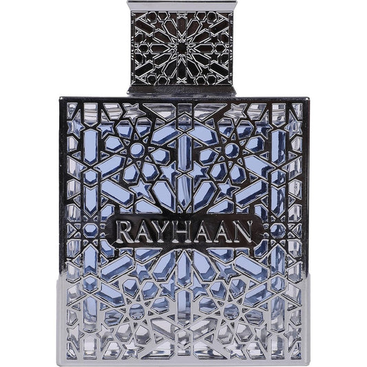 Rayhaan Aquatica Eau de Parfum for men front view showing intricate silver lattice design over blue liquid