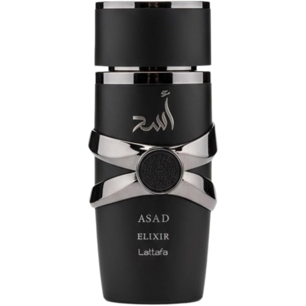 Lattafa Asad Elixir Eau De Parfum 100ml front view bottle showing premium dark design