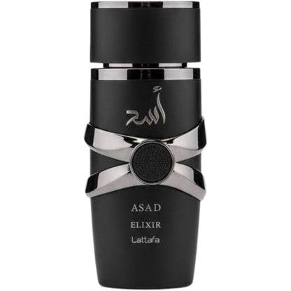 Lattafa Asad Elixir Eau De Parfum 100ml front view bottle showing premium dark design