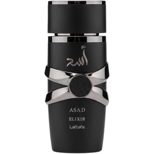 Lattafa Asad Elixir Eau De Parfum 100ml front view bottle showing premium dark design