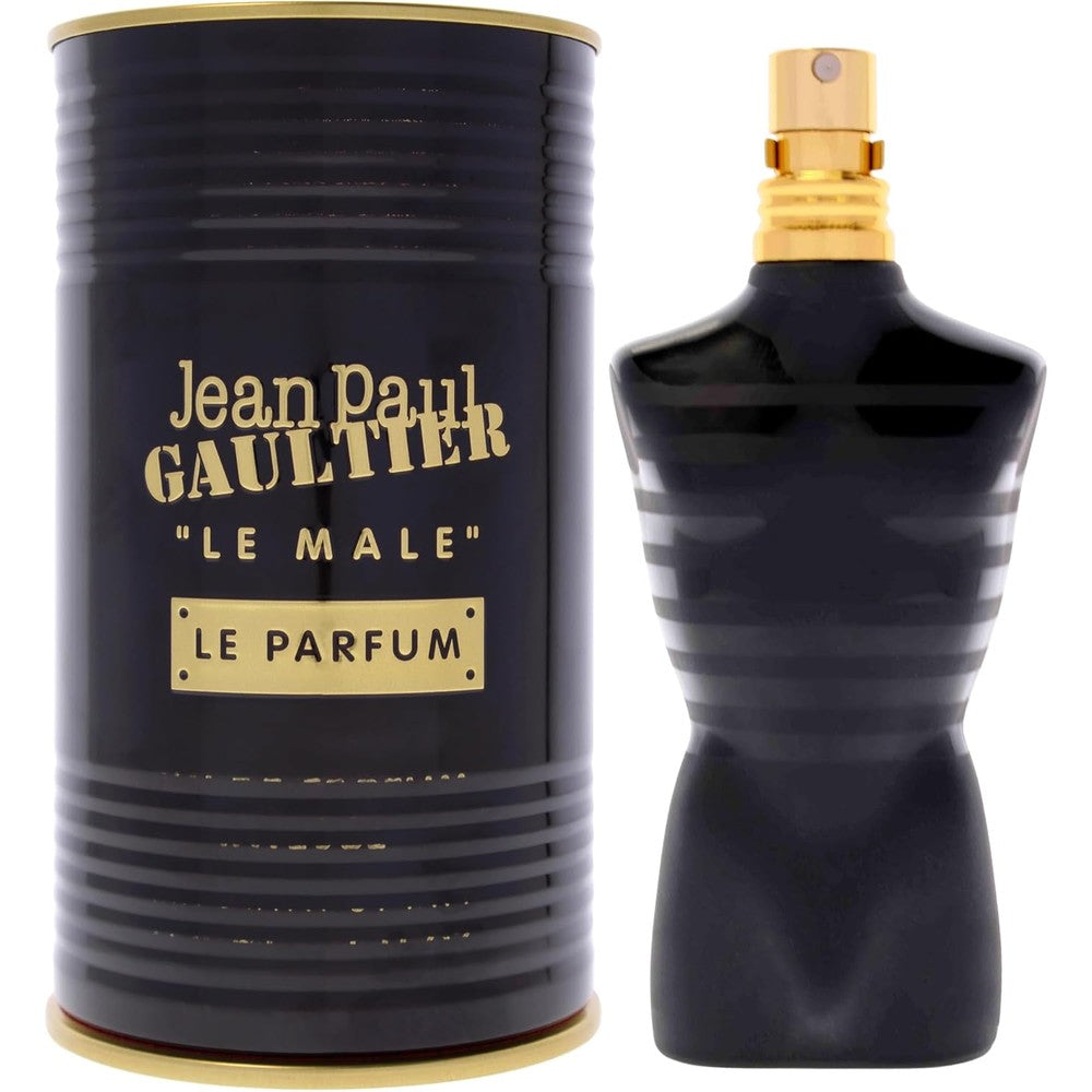 Jean Paul Gaultier Le Male Le Parfum front view of black and gold torso bottle on white background.