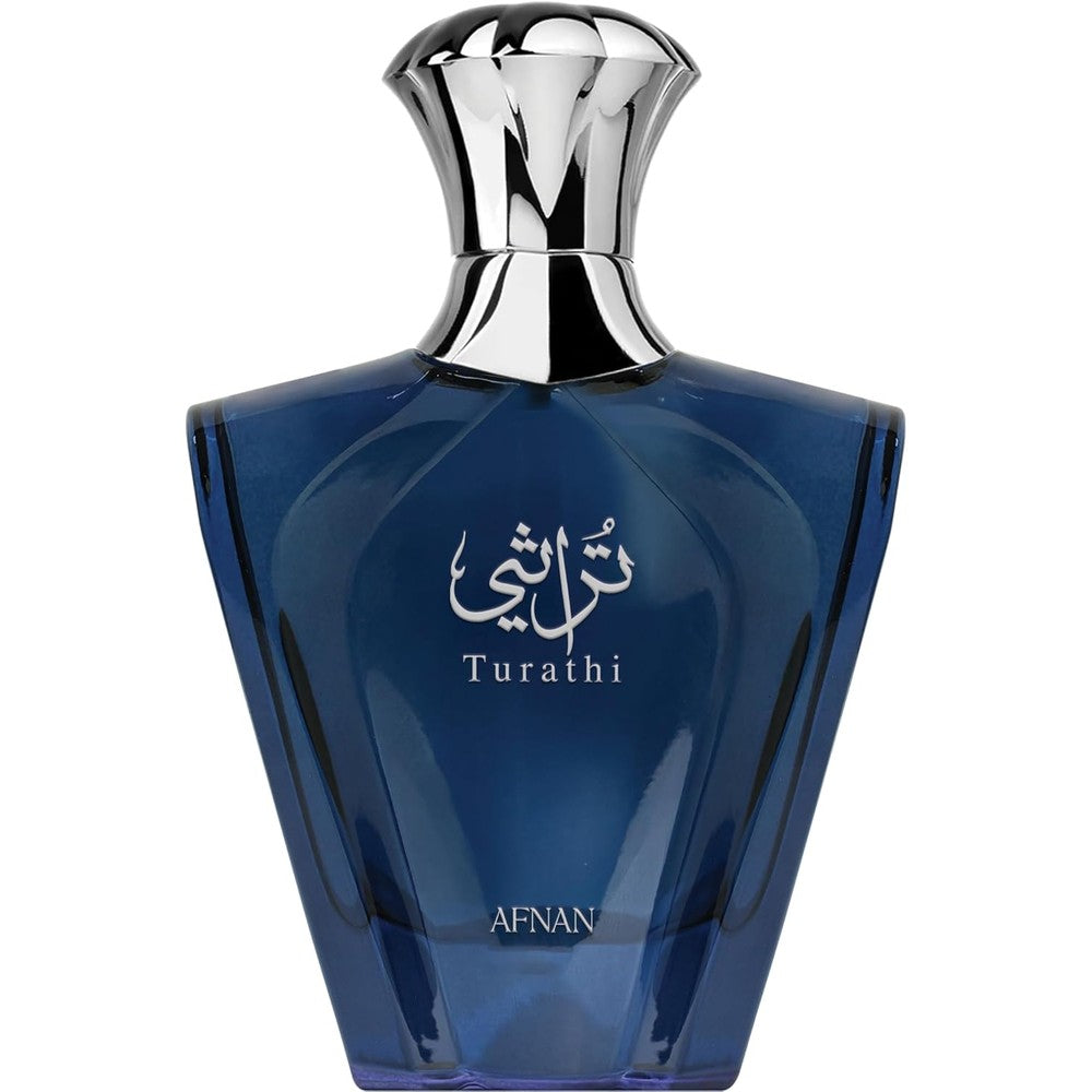 Afnan Turathi Blue Homme Eau de Parfum front view of blue mesh luxury bottle