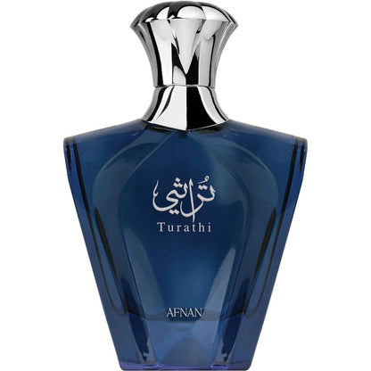 Afnan Turathi Blue Homme Eau de Parfum front view of blue mesh luxury bottle
